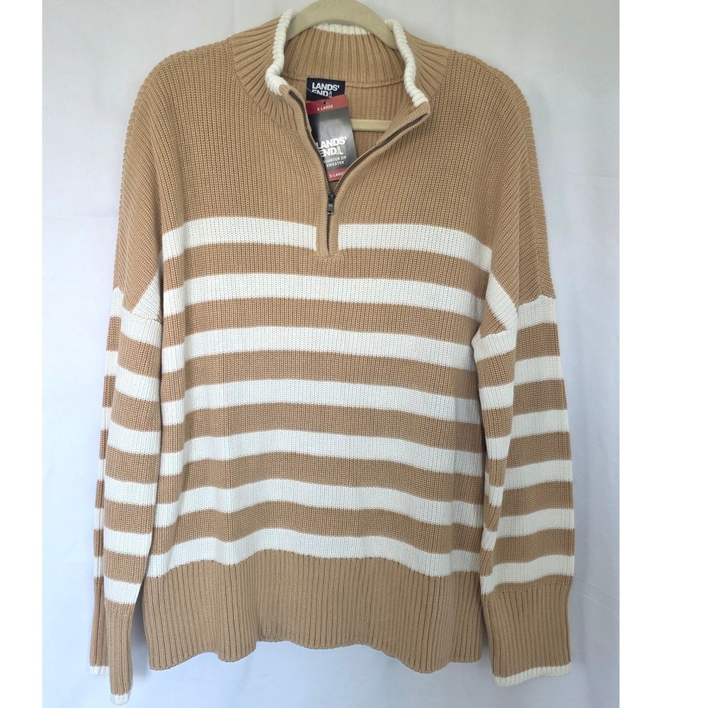Lands' End Women's Striped Cotton Quarter Zip Sweater NWT XL 16-18 Tan White